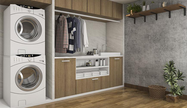Wood and Concrete Luxury Basement Laundry